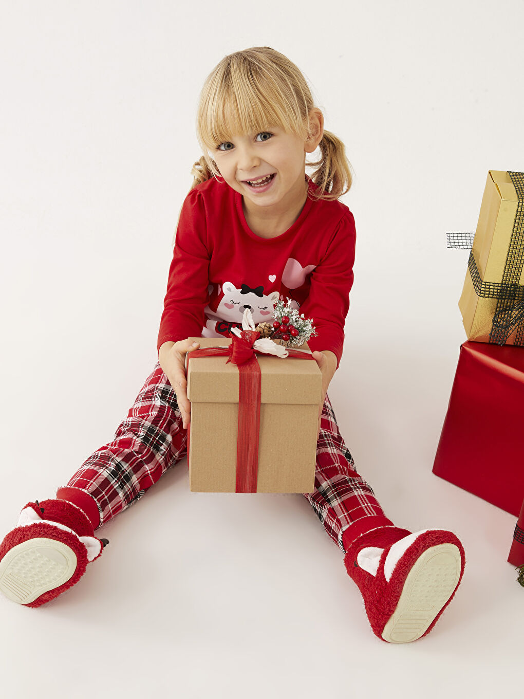 сәби қыздарға арналған принтті ұзын жең дөңгелек жағалы пижама жинағы