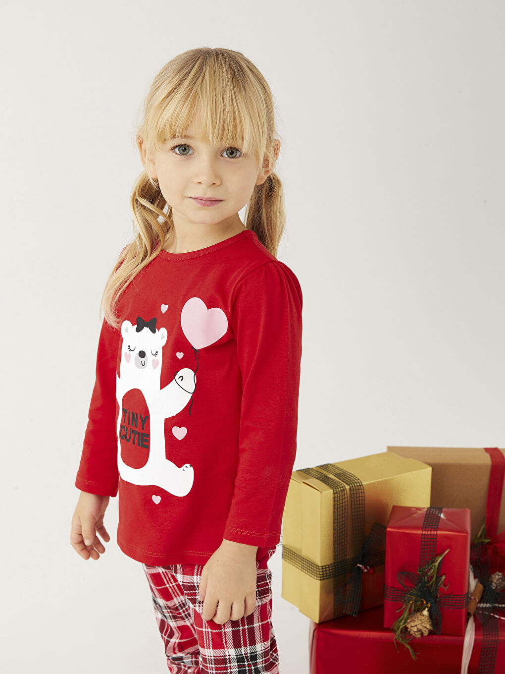 сәби қыздарға арналған принтті ұзын жең дөңгелек жағалы пижама жинағы-2