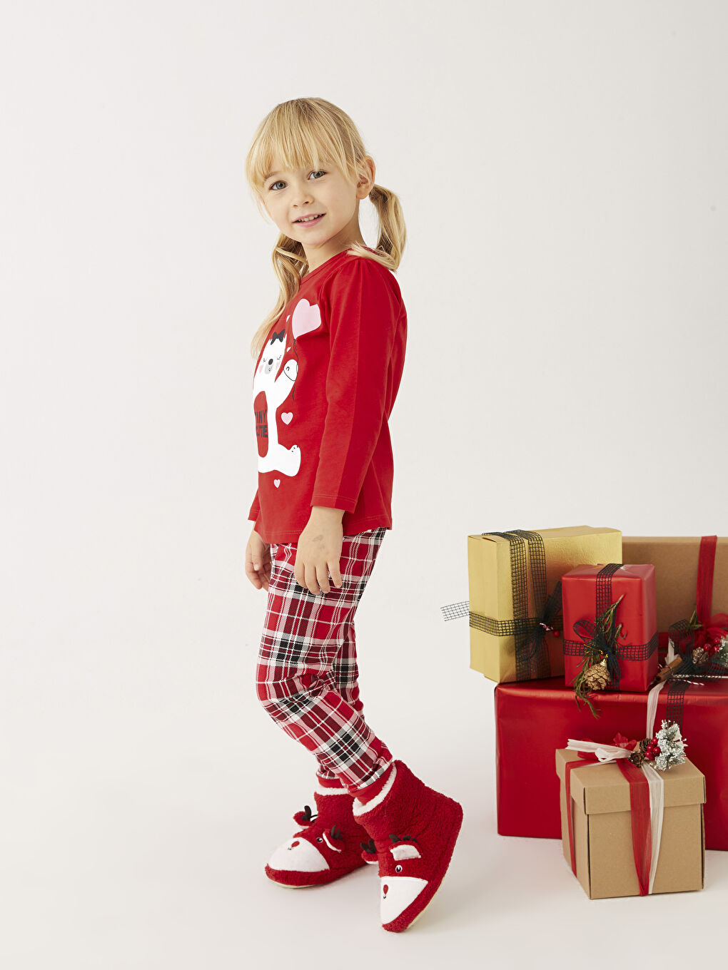 сәби қыздарға арналған принтті ұзын жең дөңгелек жағалы пижама жинағы-3