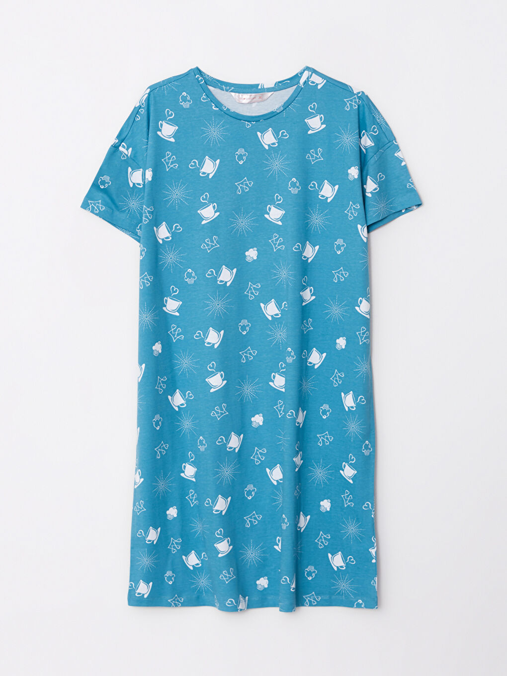 Mavi Bisiklet Yaka Desenli Kısa Kollu Pamuklu Kadın Gecelik-5