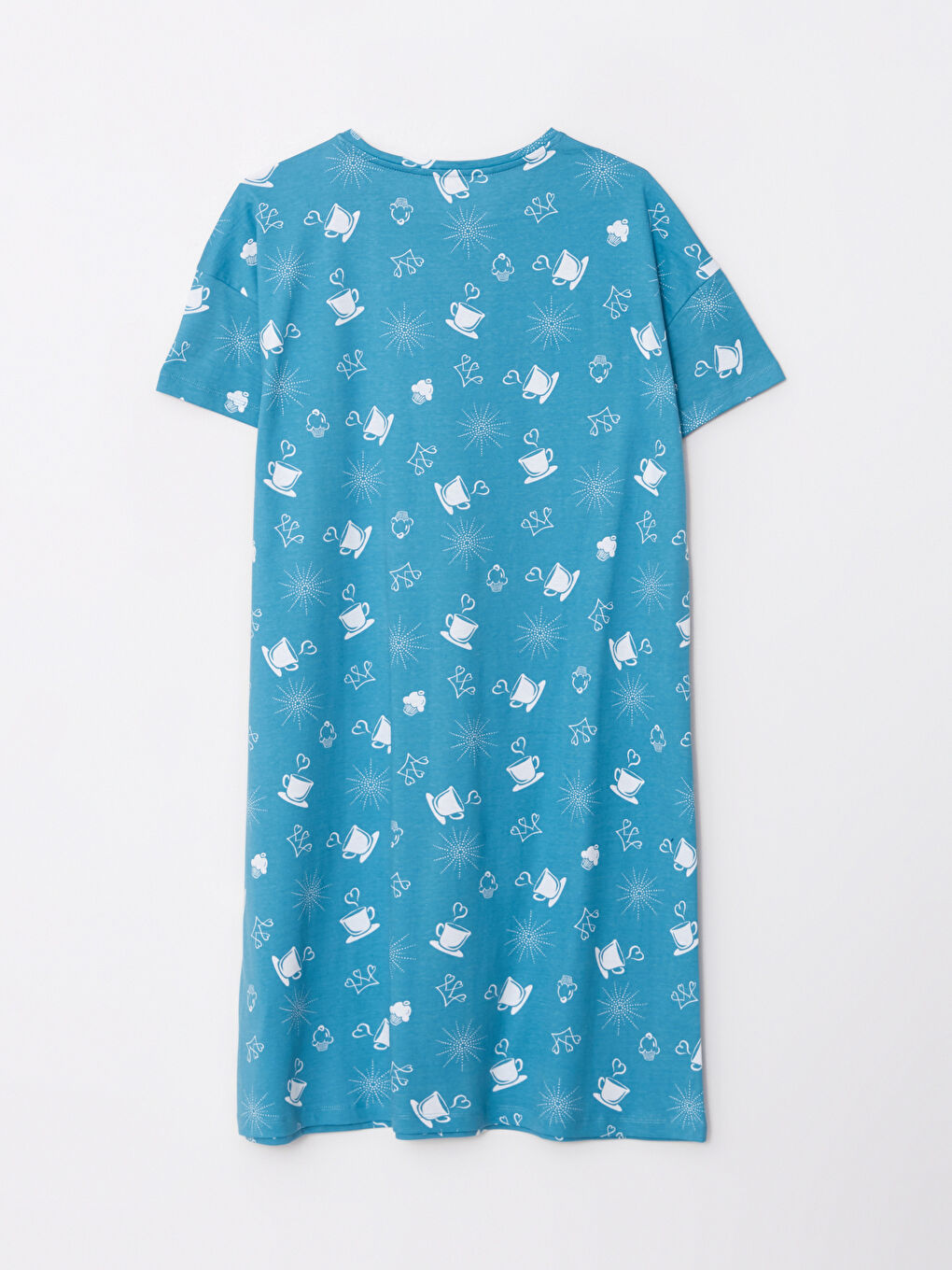 Mavi Bisiklet Yaka Desenli Kısa Kollu Pamuklu Kadın Gecelik-6