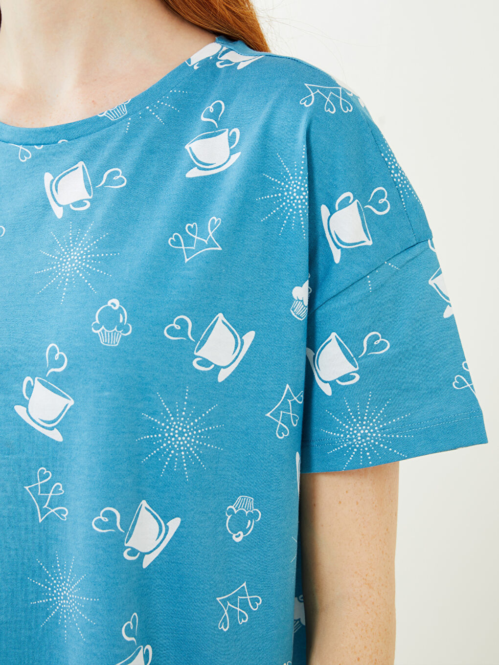 Mavi Bisiklet Yaka Desenli Kısa Kollu Pamuklu Kadın Gecelik-3