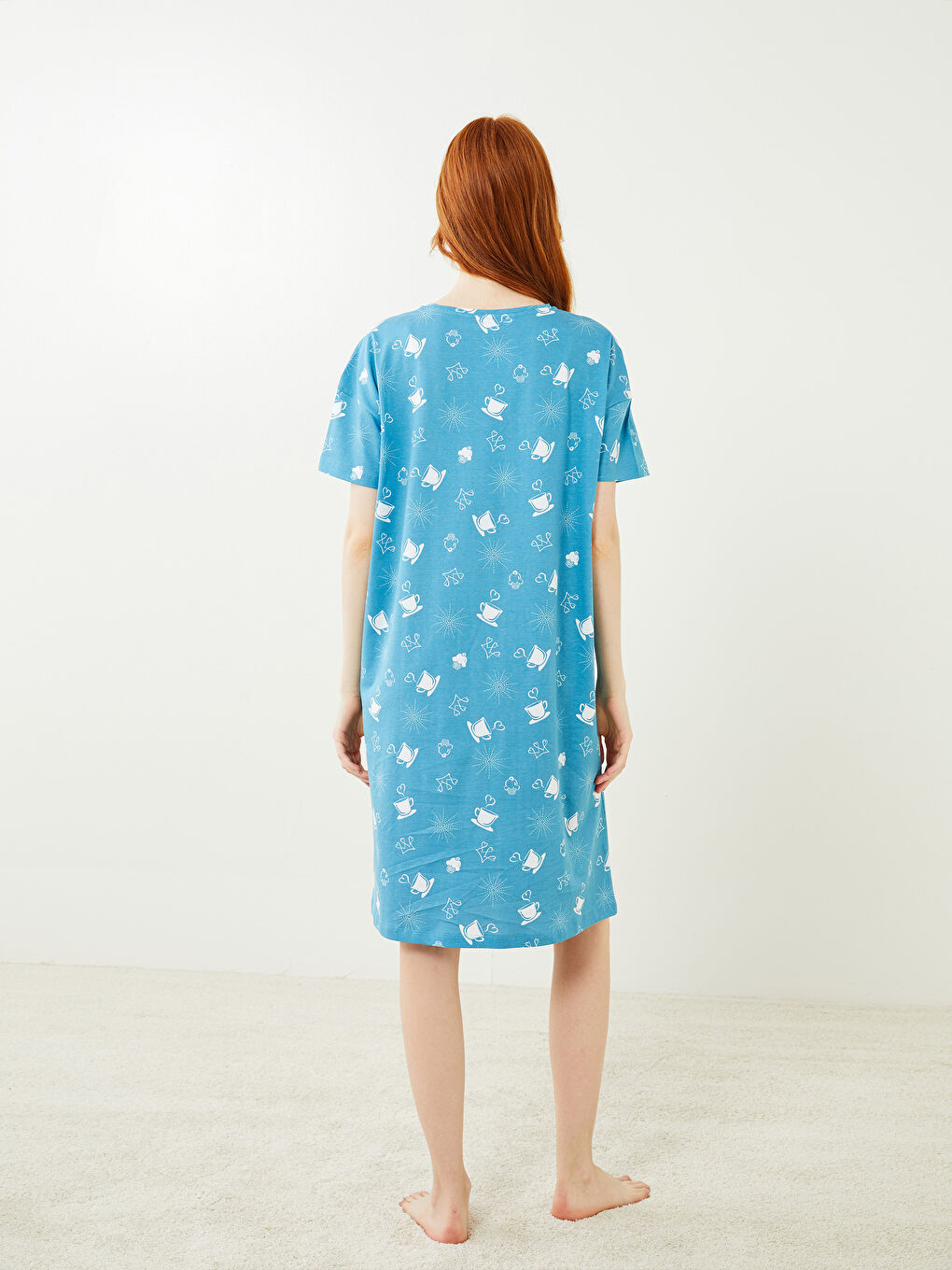 Mavi Bisiklet Yaka Desenli Kısa Kollu Pamuklu Kadın Gecelik-4