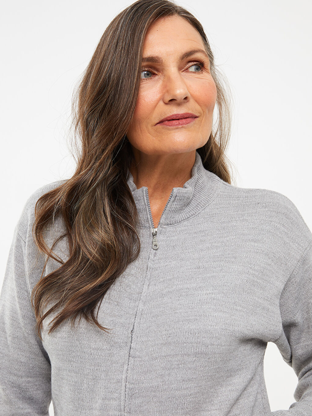 Gri Dik Yaka Düz Uzun Kollu Kadın Triko Hırka-1