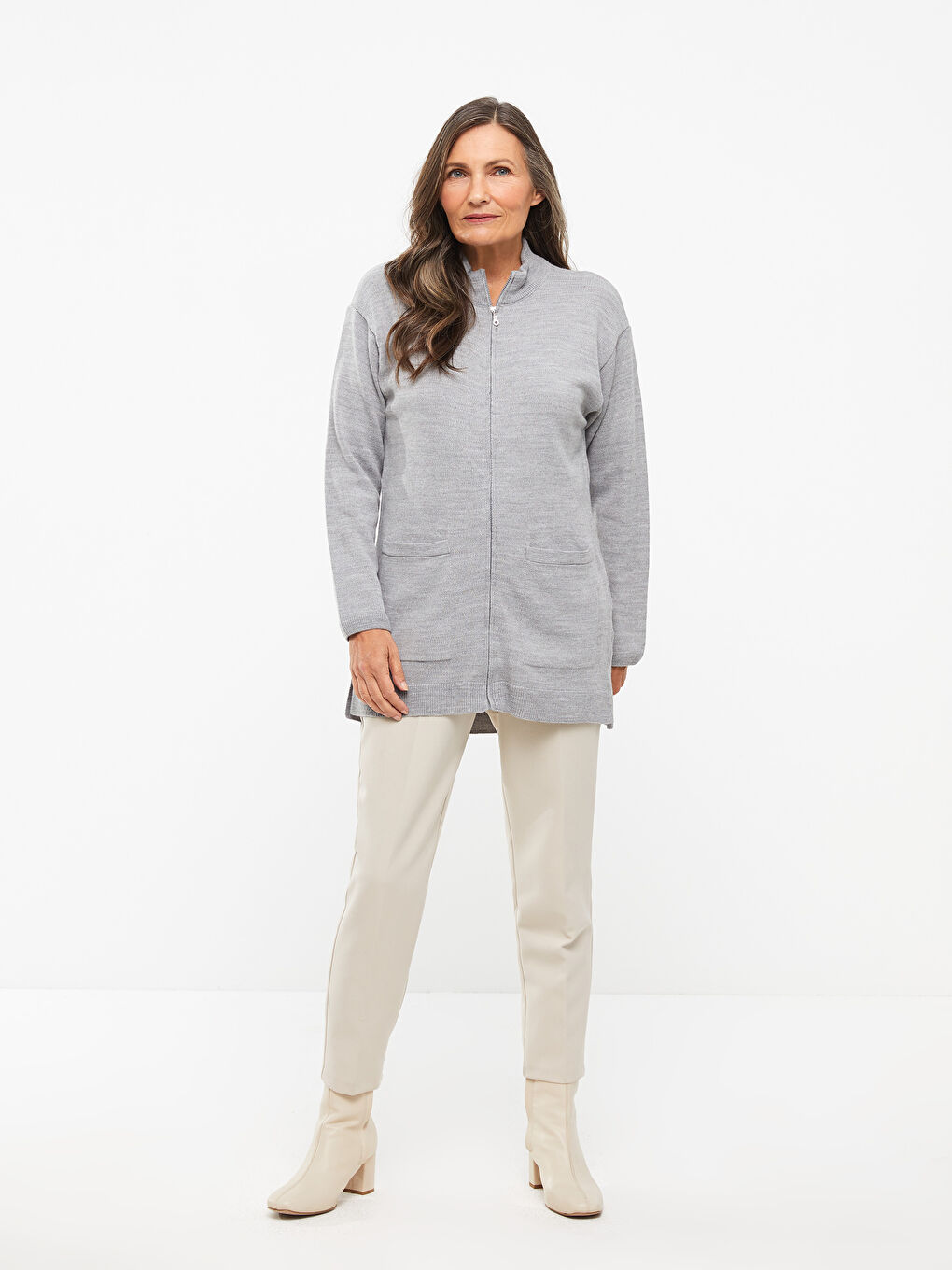 Gri Dik Yaka Düz Uzun Kollu Kadın Triko Hırka-2