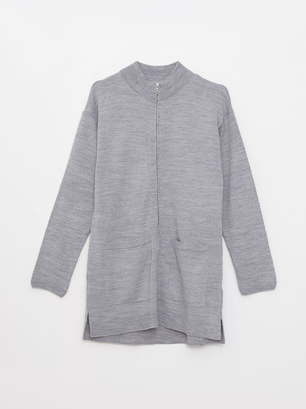 Gri Dik Yaka Düz Uzun Kollu Kadın Triko Hırka-5