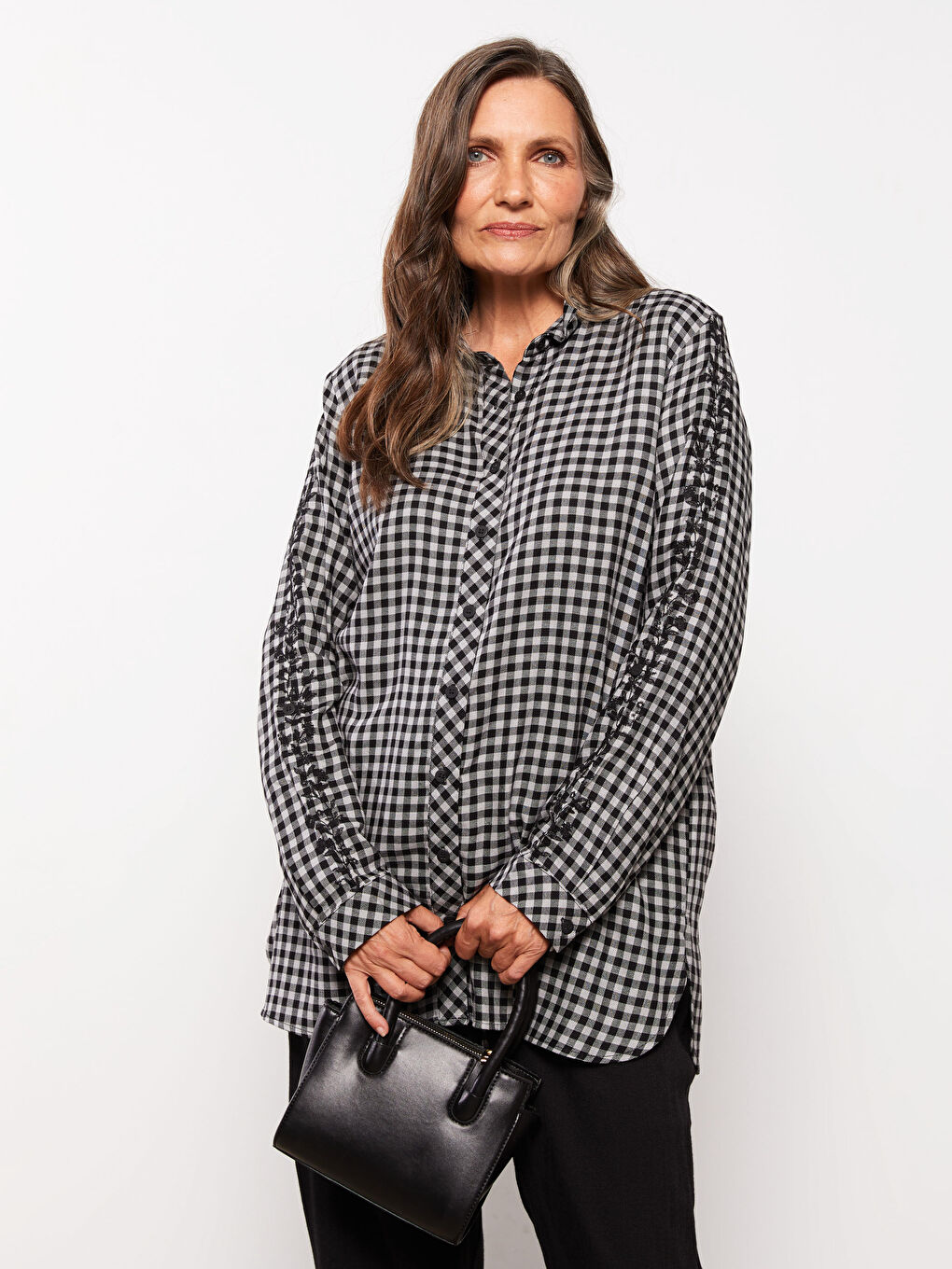 Siyah Ekose Uzun Kollu Gabardin Kadın Gömlek Tunik