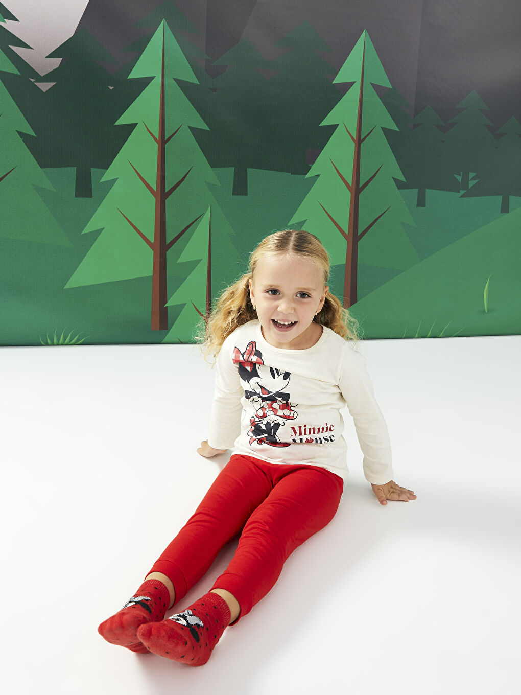 Ekru Bisiklet Yaka Uzun Kollu Minnie Mouse Baskılı Kız Bebek Pijama Takım