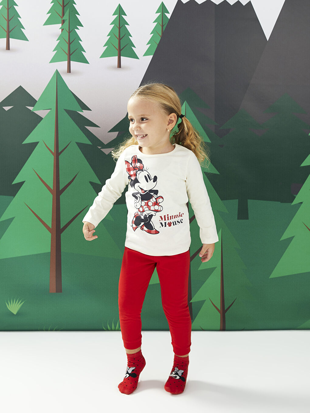 Ekru Bisiklet Yaka Uzun Kollu Minnie Mouse Baskılı Kız Bebek Pijama Takım-2