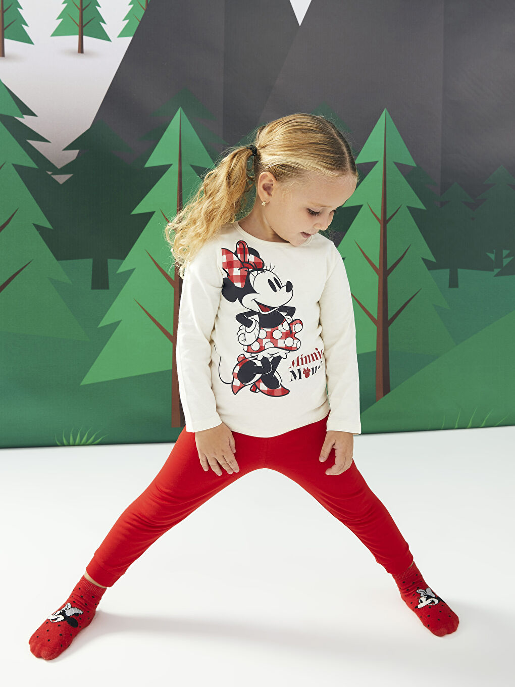 Ekru Bisiklet Yaka Uzun Kollu Minnie Mouse Baskılı Kız Bebek Pijama Takım-3