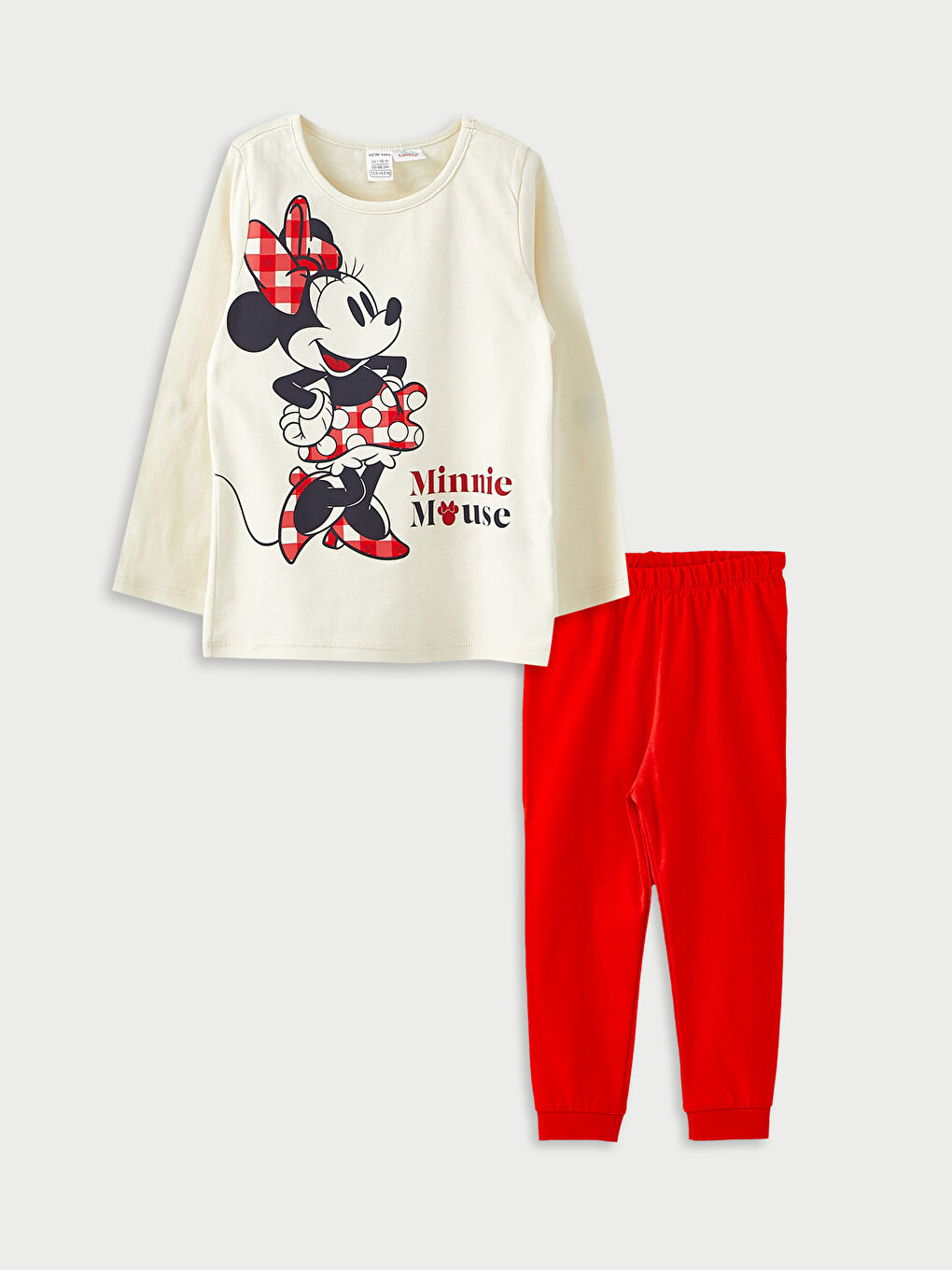 Ekru Bisiklet Yaka Uzun Kollu Minnie Mouse Baskılı Kız Bebek Pijama Takım-4