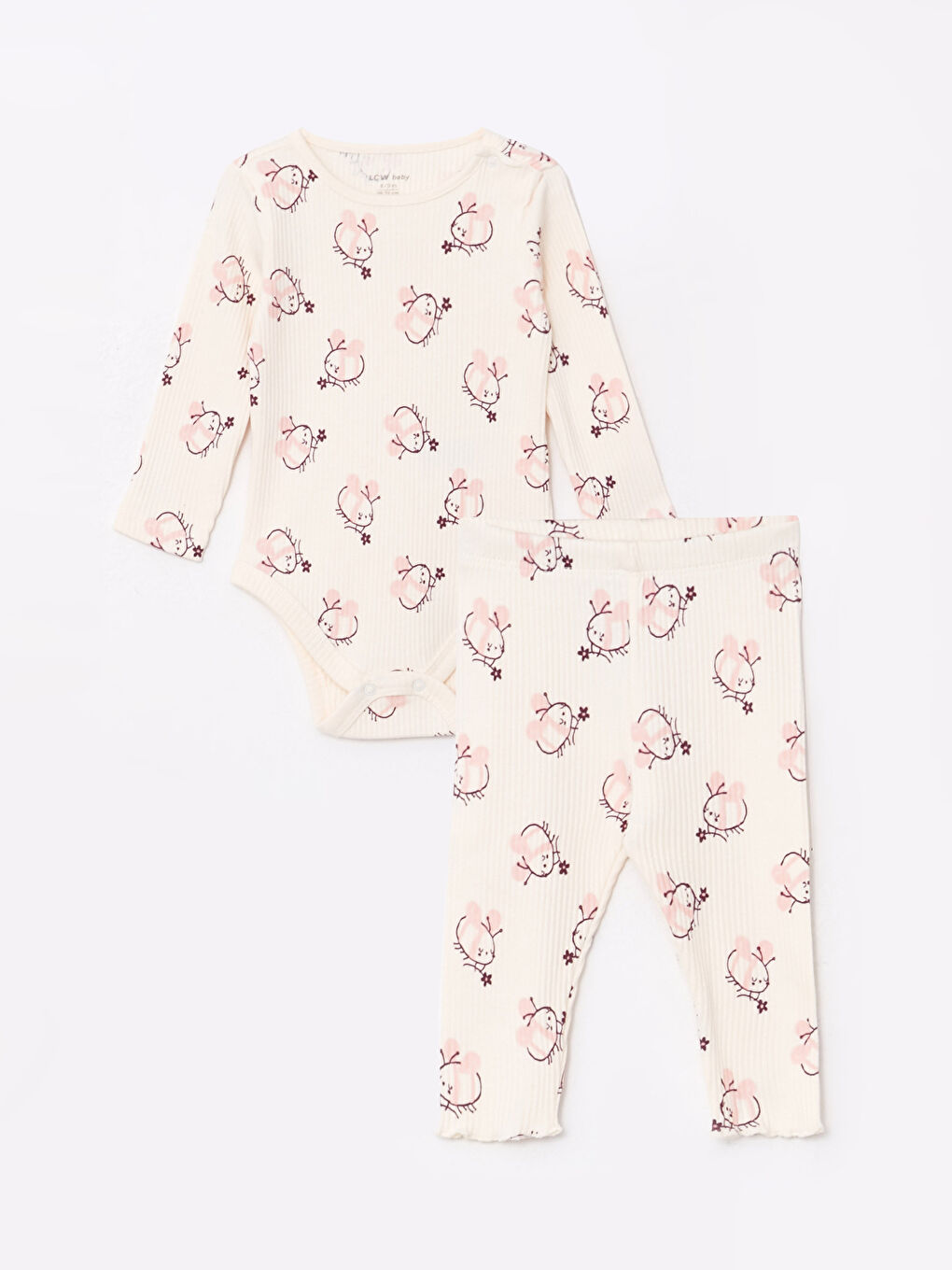 Crew Neck Long Sleeve Printed Baby Girls' Snap Bodysuit and Pants 2 Pack Set