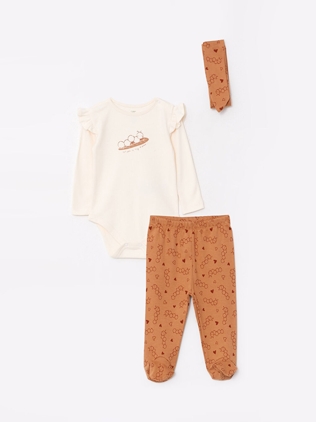 Ekru Bisiklet Yaka Uzun Kollu Baskılı Kız Bebek 3'lü Takım