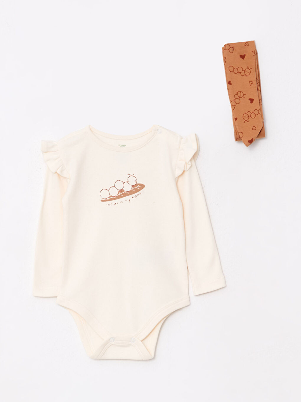 Ekru Bisiklet Yaka Uzun Kollu Baskılı Kız Bebek 3'lü Takım-1