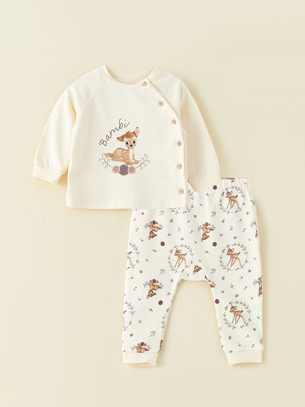Crew Neck Long Sleeve Bambi Printed Baby Girl Cardigan and Trousers 2-Pack Set