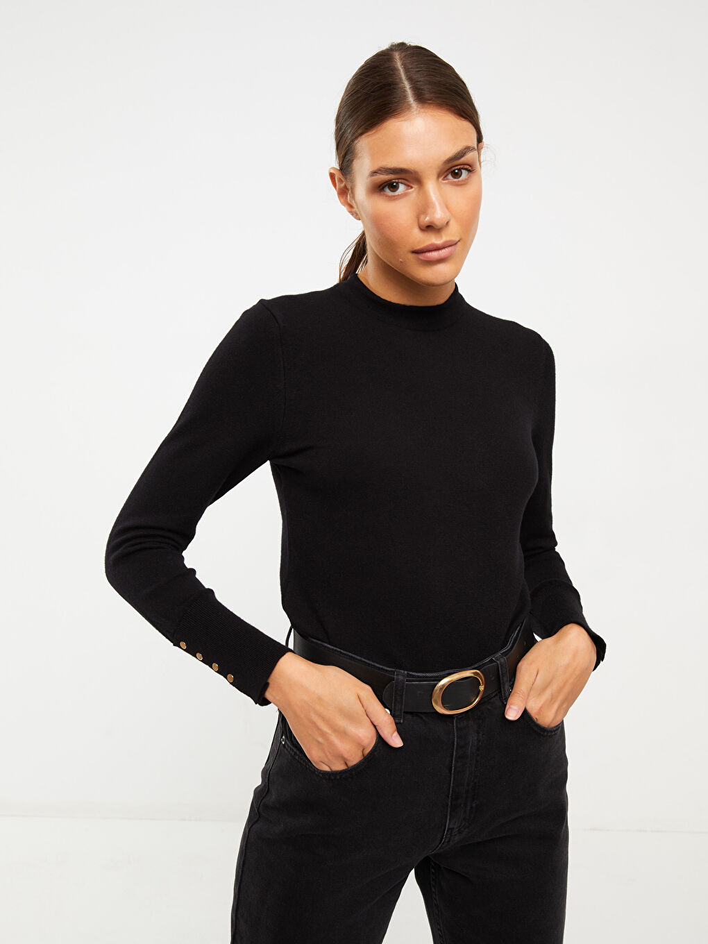 Siyah Dik Yaka Kadın Triko Kazak-1