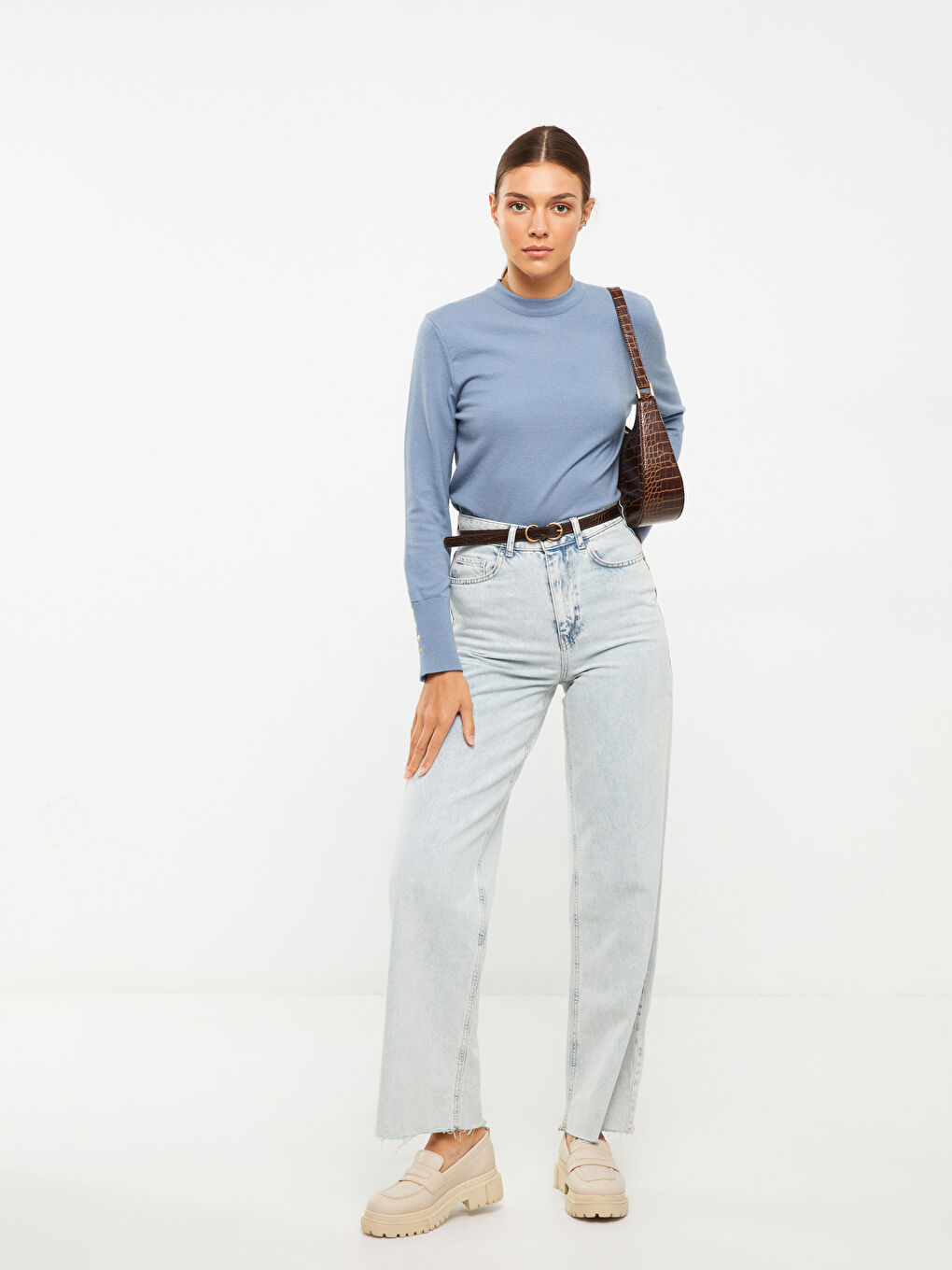 Mavi Dik Yaka Kadın Triko Kazak-3