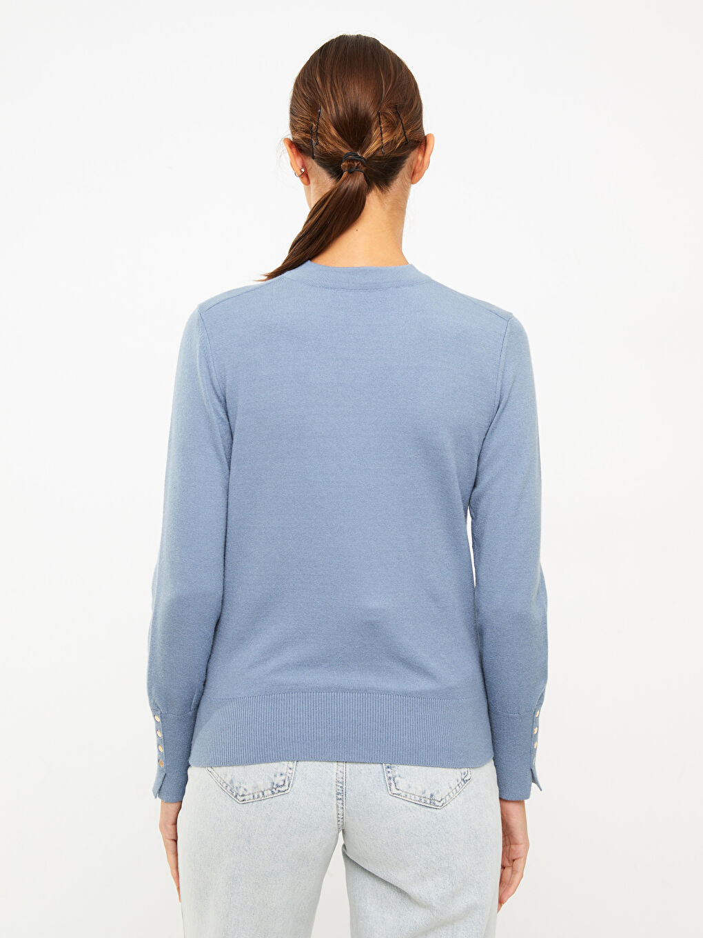 Mavi Dik Yaka Kadın Triko Kazak-5