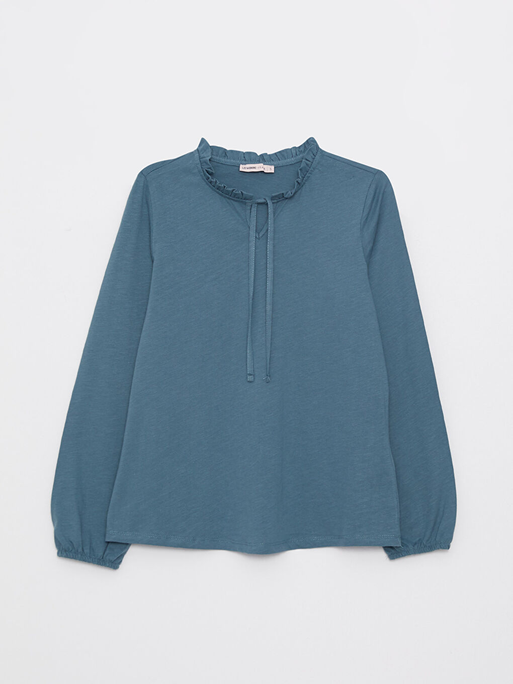 بلوزة نسائية قطنية بأكمام طويلة مستقيمة وياقة مربوطة-5