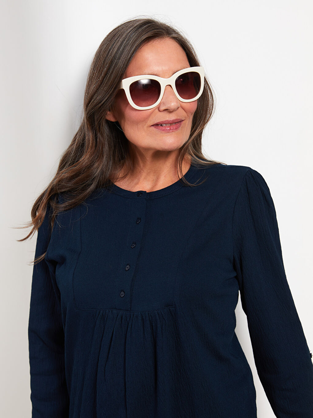 Lacivert Bisiklet Yaka Düz Uzun Kollu Kadın Bluz