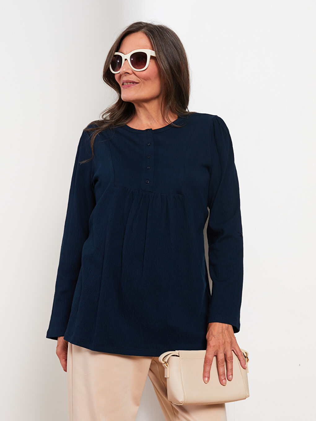 Lacivert Bisiklet Yaka Düz Uzun Kollu Kadın Bluz-1