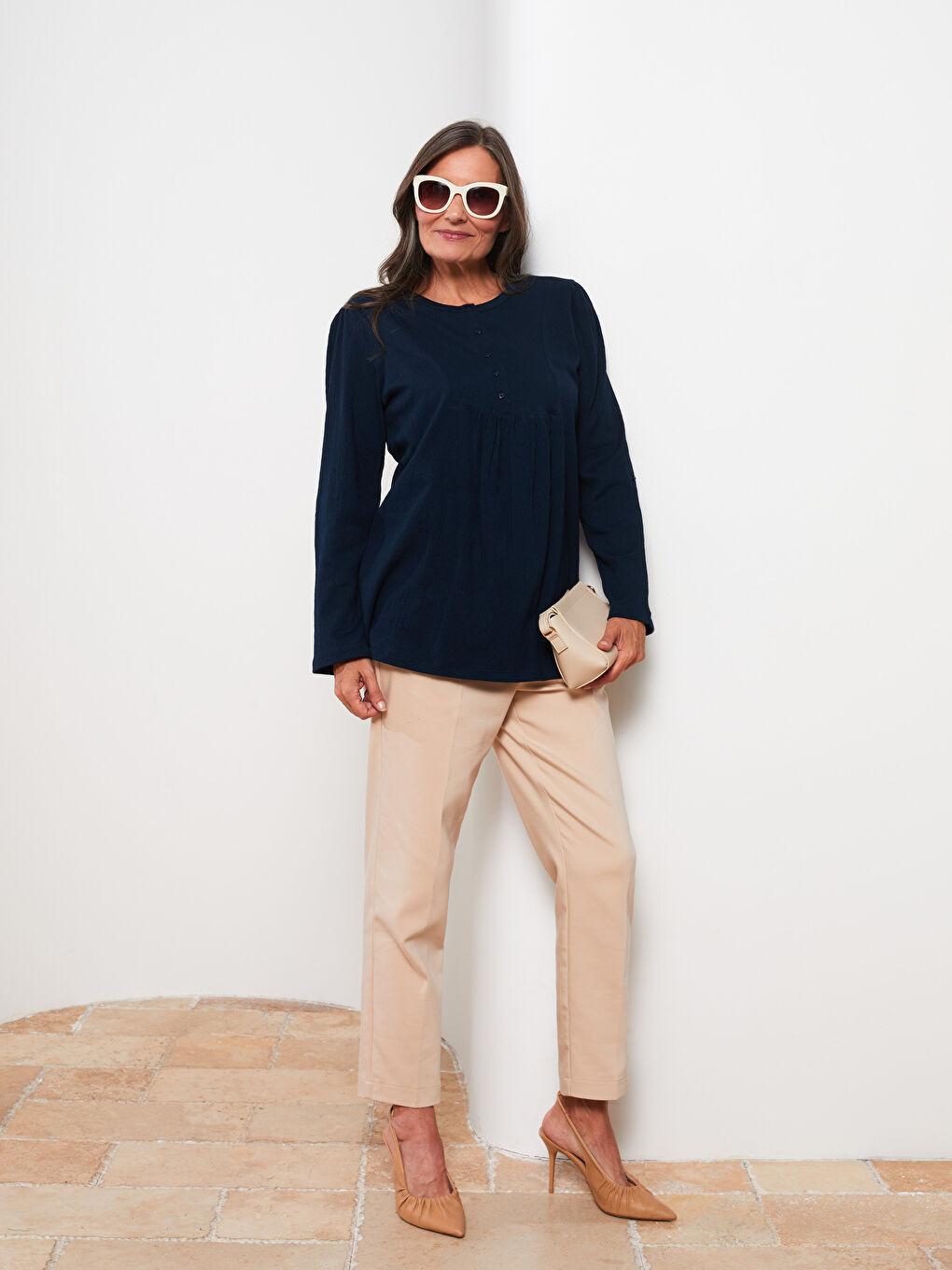 Lacivert Bisiklet Yaka Düz Uzun Kollu Kadın Bluz-2