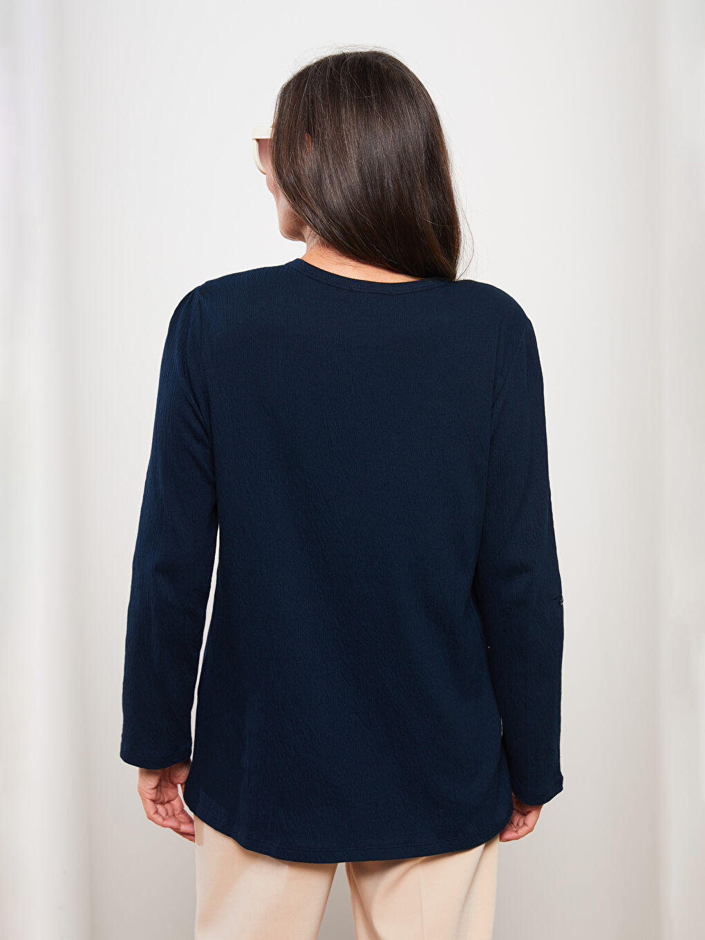 Lacivert Bisiklet Yaka Düz Uzun Kollu Kadın Bluz-4