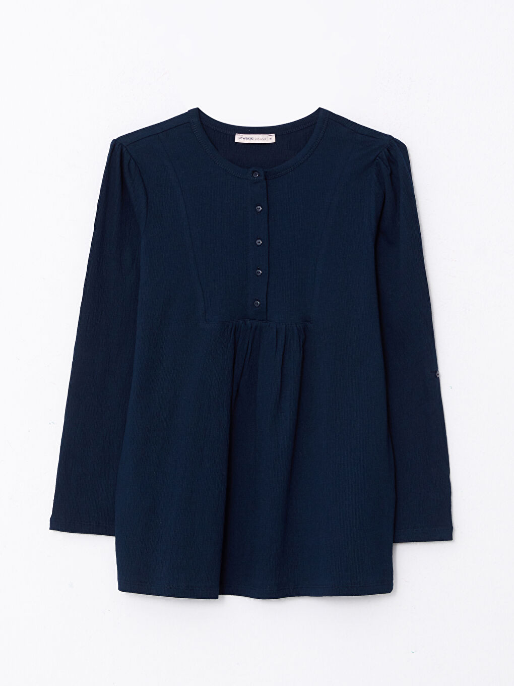 Lacivert Bisiklet Yaka Düz Uzun Kollu Kadın Bluz-5