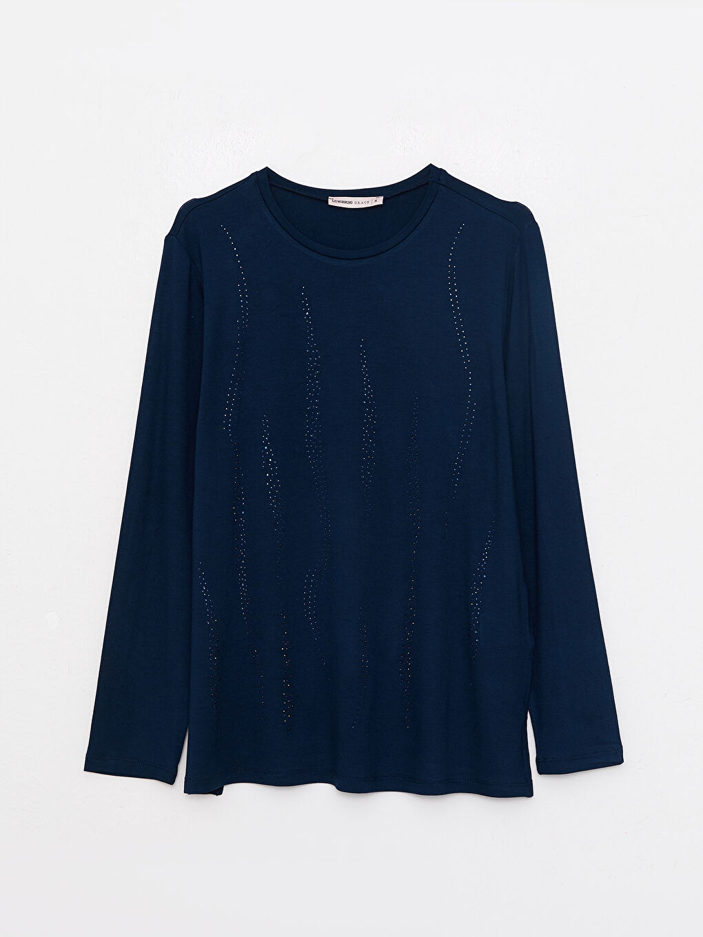 Lacivert Bisiklet Yaka Taşlı Uzun Kollu Kadın Tişört-5