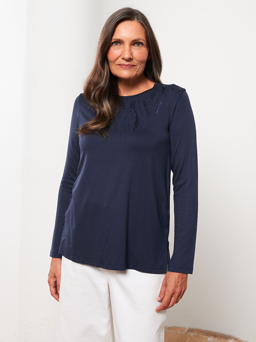 Lacivert Bisiklet Yaka Baskılı Uzun Kollu Kadın Tişört