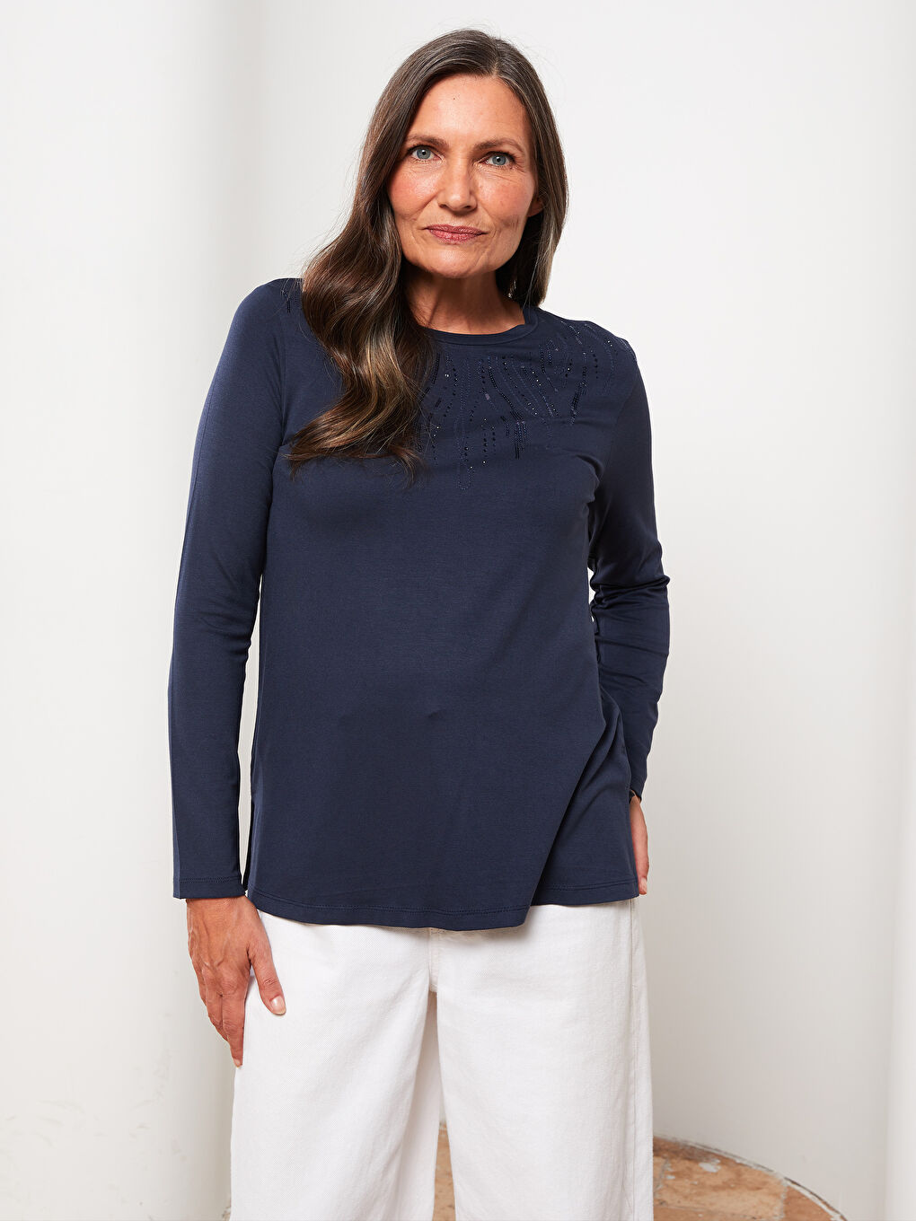 Lacivert Bisiklet Yaka Baskılı Uzun Kollu Kadın Tişört-1