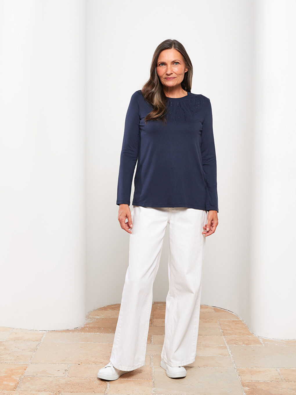 Lacivert Bisiklet Yaka Baskılı Uzun Kollu Kadın Tişört-2