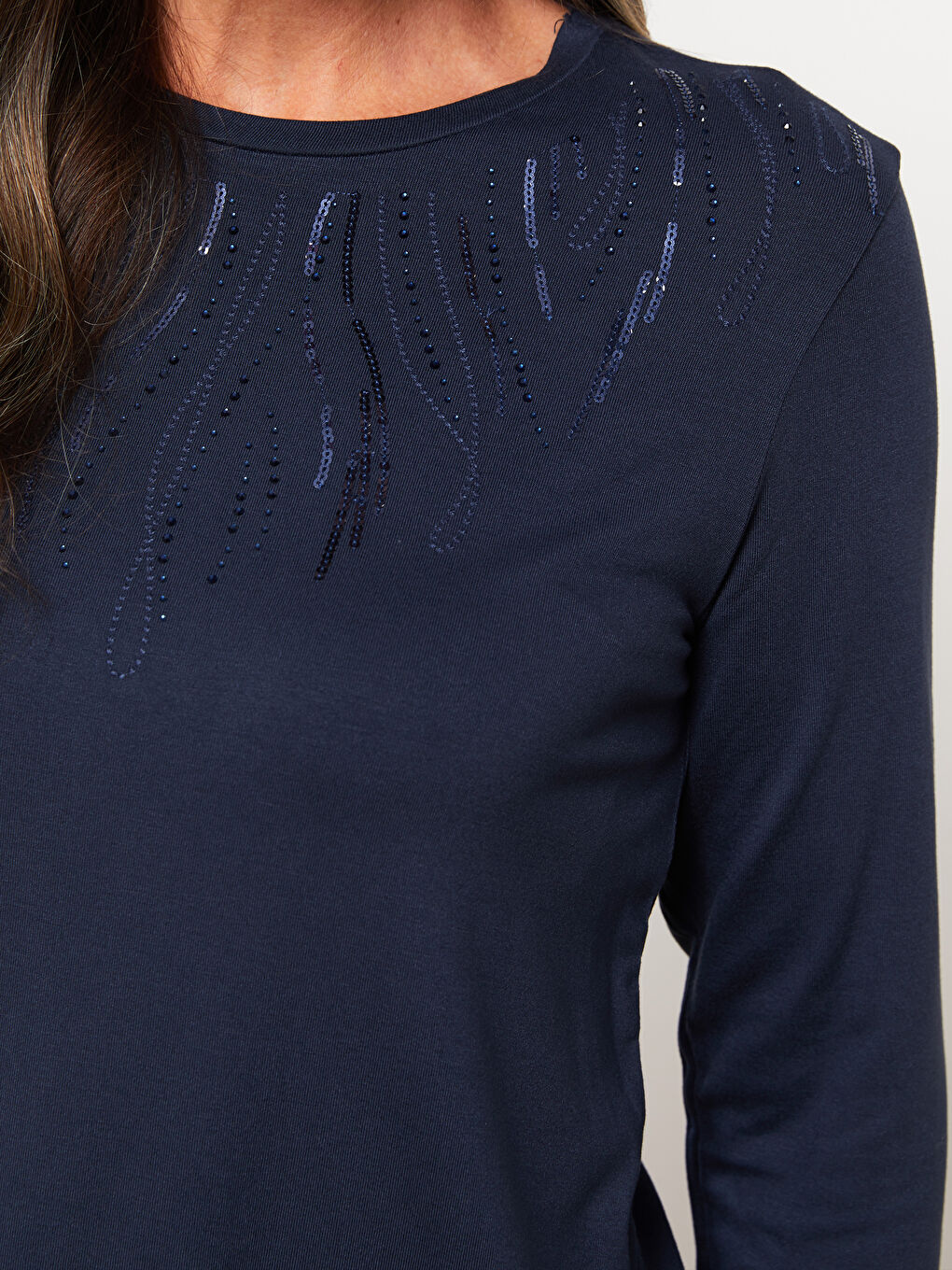 Lacivert Bisiklet Yaka Baskılı Uzun Kollu Kadın Tişört-3