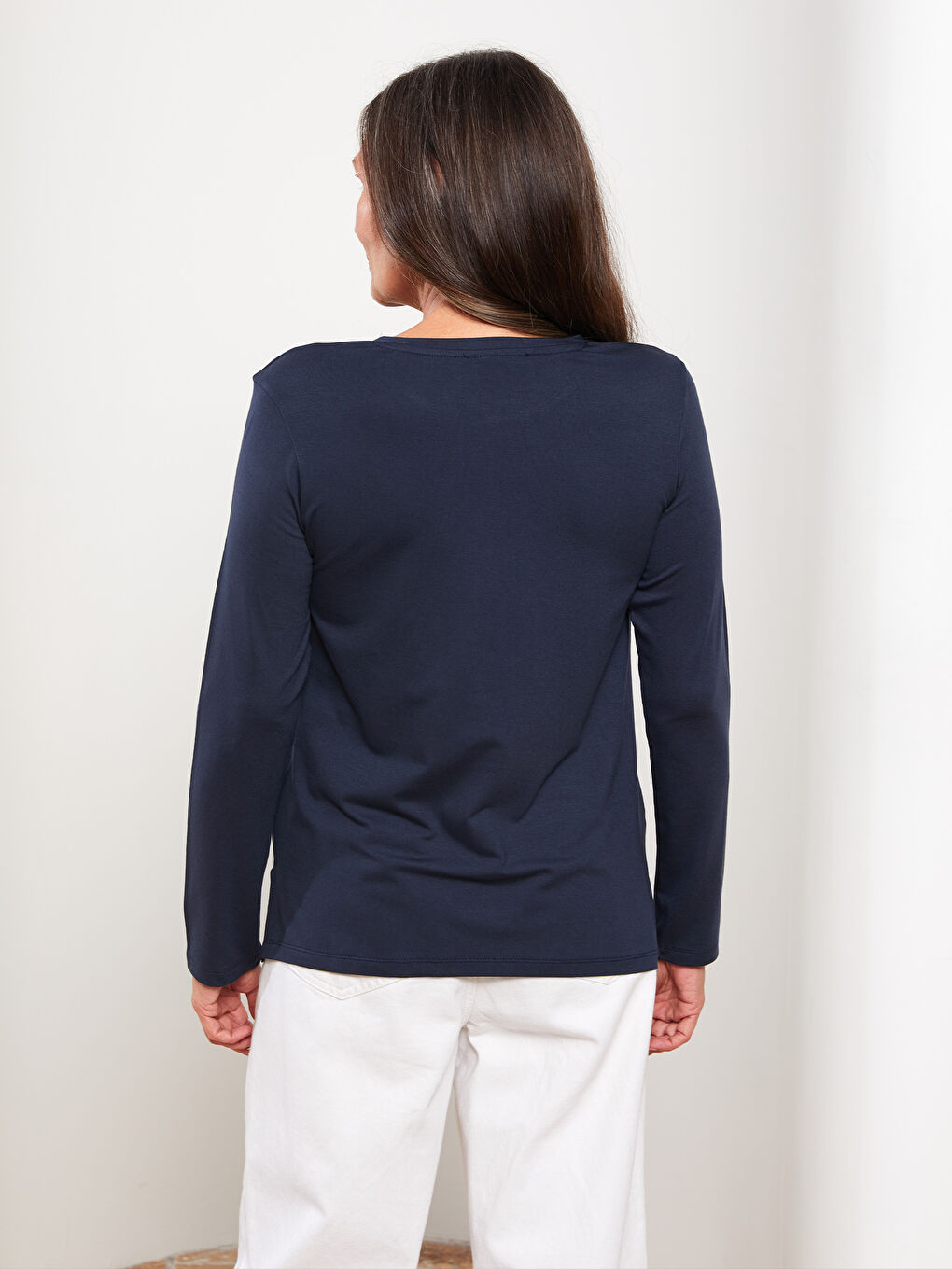 Lacivert Bisiklet Yaka Baskılı Uzun Kollu Kadın Tişört-4