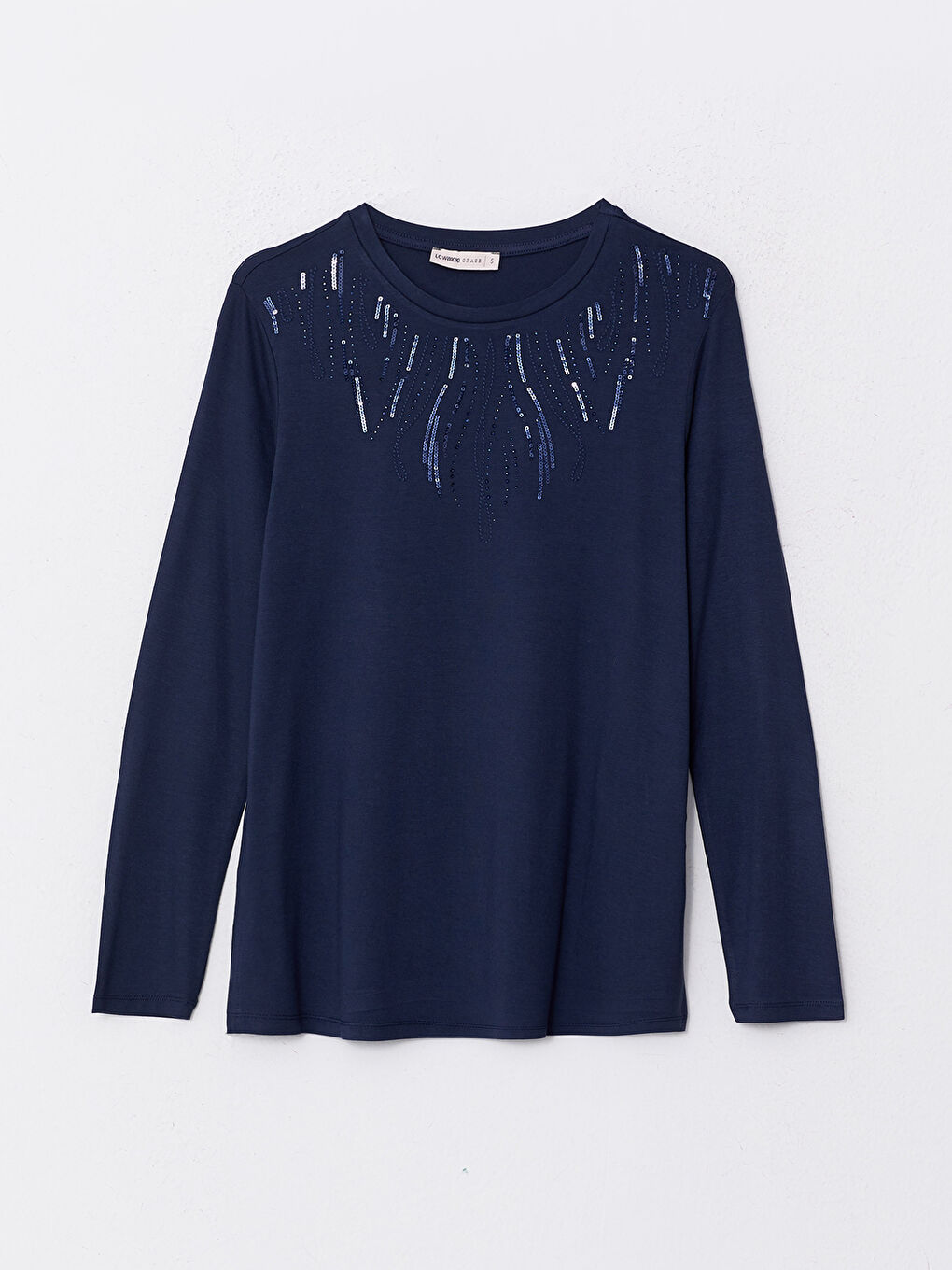 Lacivert Bisiklet Yaka Baskılı Uzun Kollu Kadın Tişört-5