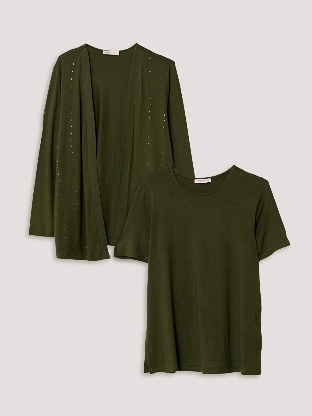 Shawl Collar Stone Embroidered Long Sleeve Women's Cardigan and T-Shirt Set -W2AC02Z8-HDG