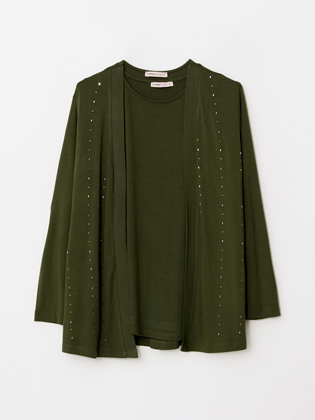 Shawl Collar Stone Embroidered Long Sleeve Women's Cardigan and T-Shirt Set -W2AC02Z8-HDG