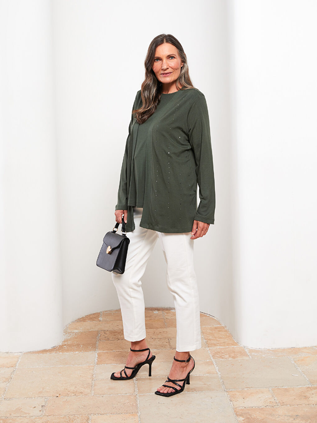 Shawl Collar Stone Embroidered Long Sleeve Women's Cardigan and T-Shirt Set -W2AC02Z8-HDG