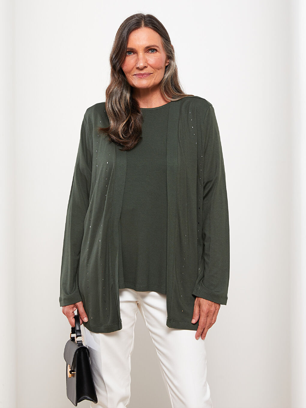 Shawl Collar Stone Embroidered Long Sleeve Women's Cardigan and T-Shirt Set -W2AC02Z8-HDG