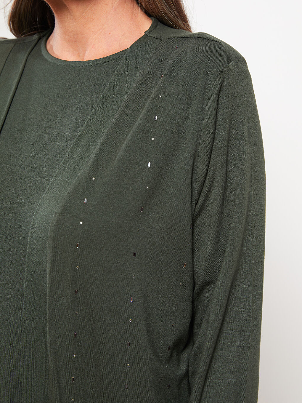 Shawl Collar Stone Embroidered Long Sleeve Women's Cardigan and T-Shirt Set -W2AC02Z8-HDG