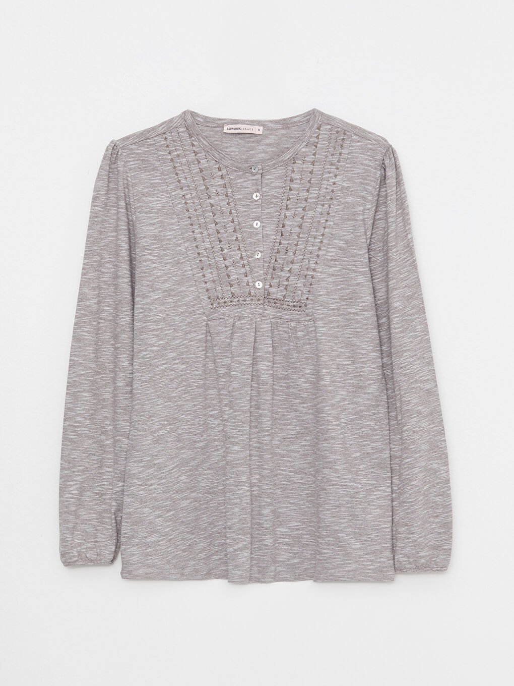 Bej Bisiklet Yaka Nakışlı Uzun Kollu Kadın Tişört-5