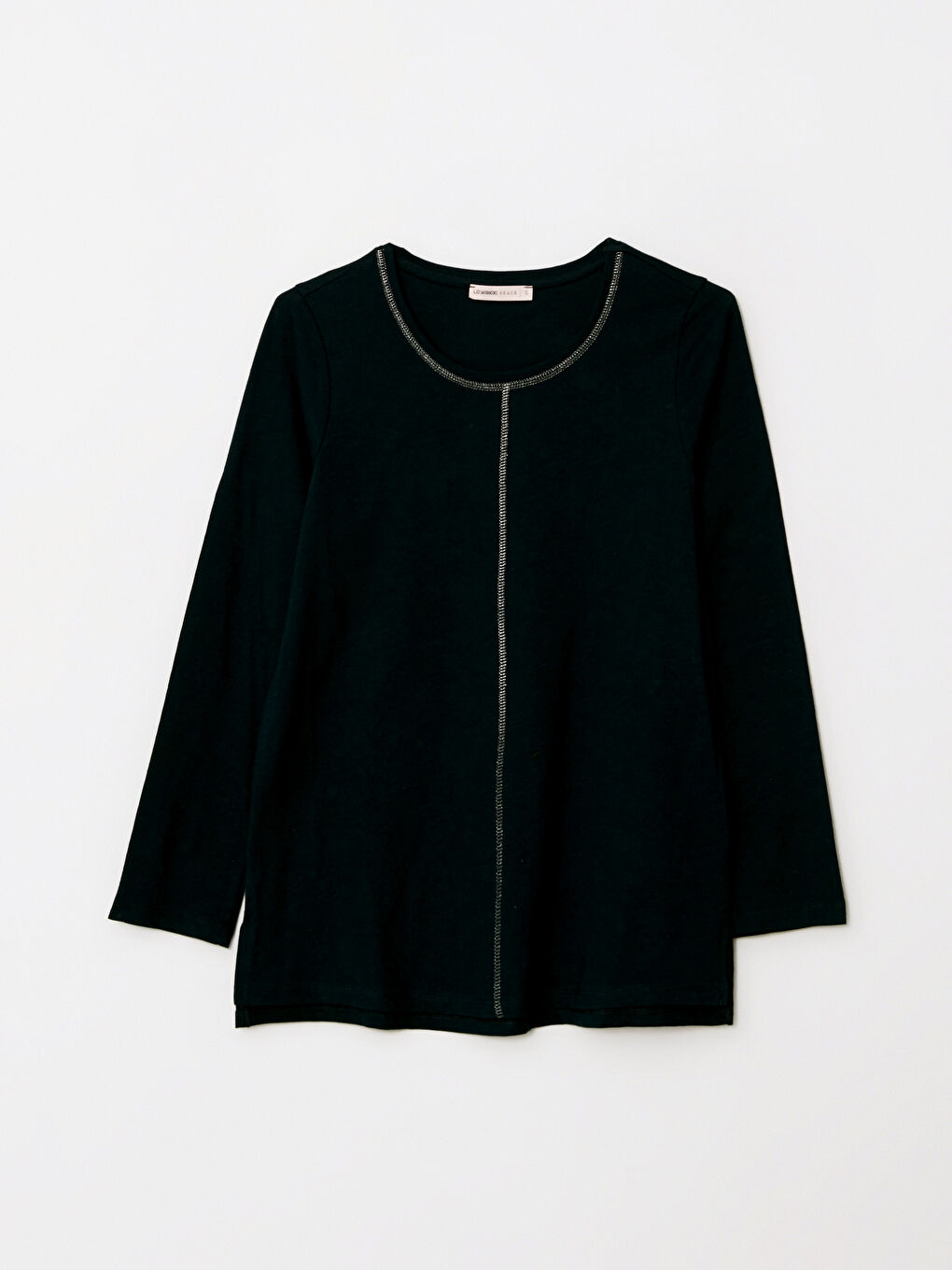 Lacivert Bisiklet Yaka Düz Uzun Kollu Pamuklu Kadın Tişört-5