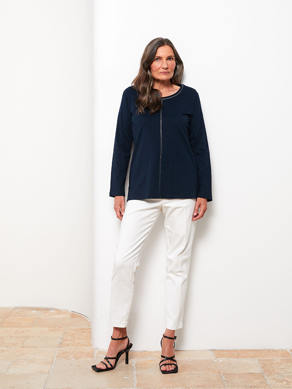 Lacivert Bisiklet Yaka Düz Uzun Kollu Pamuklu Kadın Tişört-1