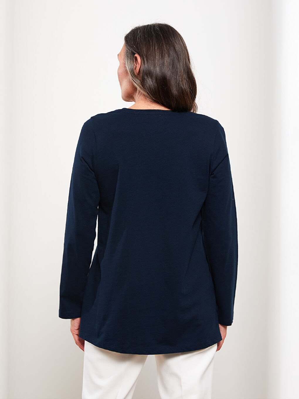 Lacivert Bisiklet Yaka Düz Uzun Kollu Pamuklu Kadın Tişört-4