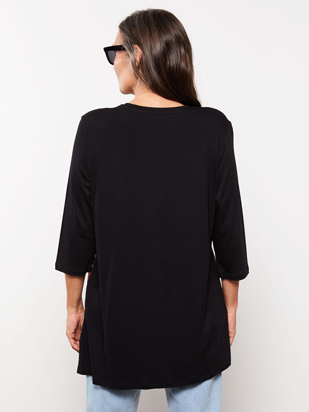 Siyah Bisiklet Yaka Desenli Uzun Kollu Krep Kadın Tişört-4