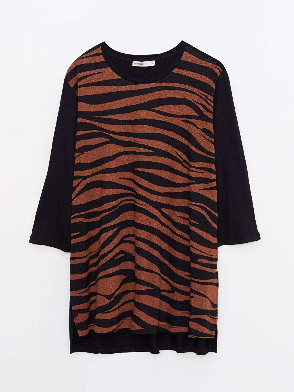 Siyah Bisiklet Yaka Desenli Uzun Kollu Krep Kadın Tişört-5