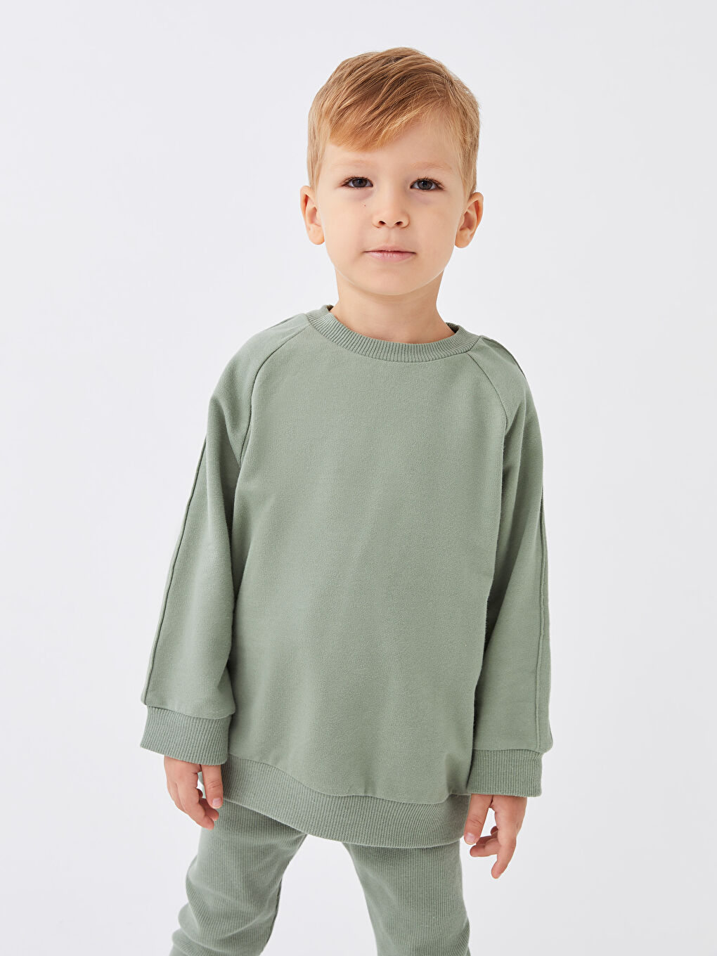 Haki Bisiklet Yaka Uzun Kollu Basic Erkek Bebek Sweasthirt ve Eşofman Alt 2'li Takım-3