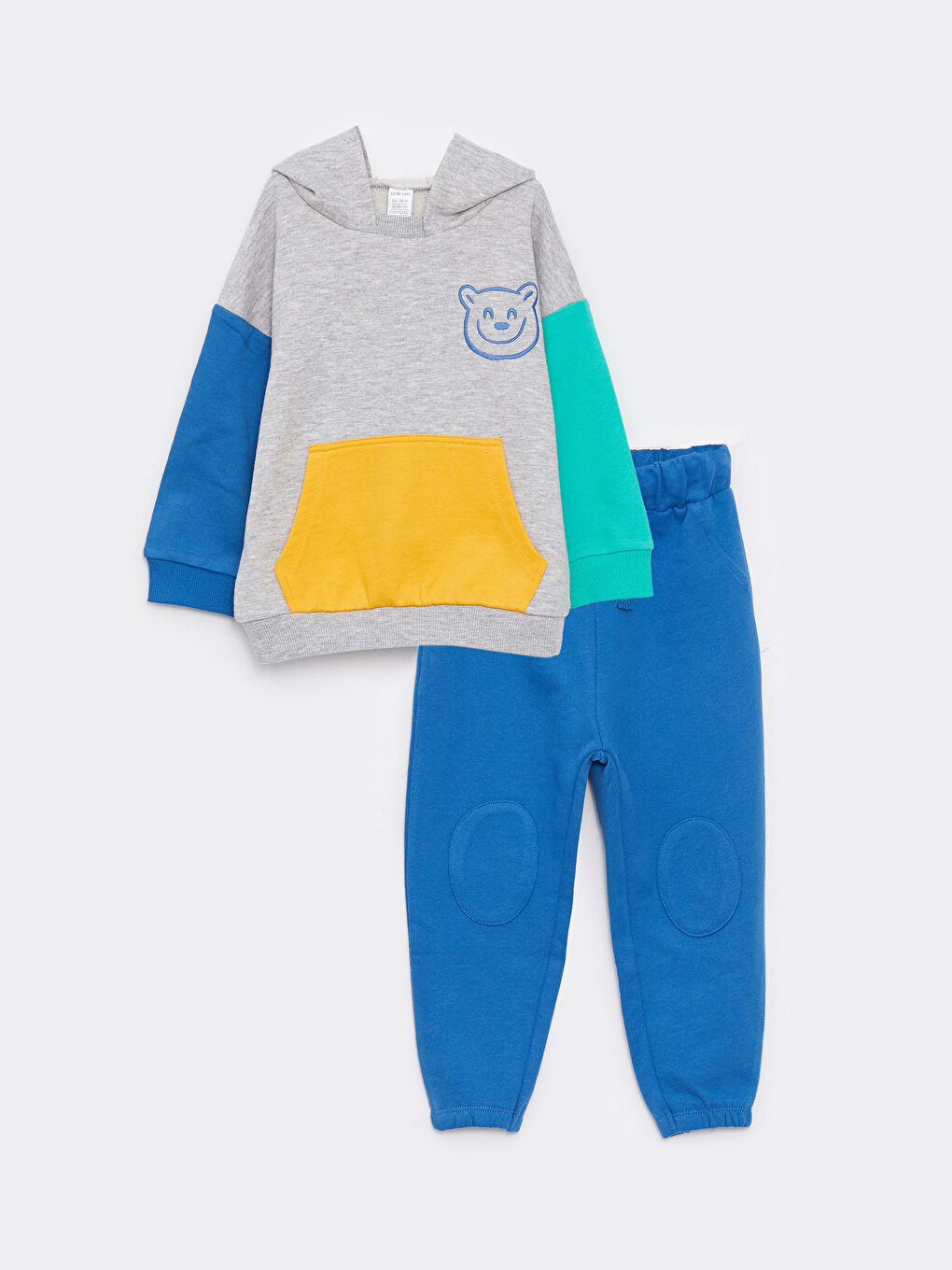 Gri Kapüşonlu Uzun Kollu Renk Bloklu Erkek Bebek Sweatshirt ve Eşofman Alt 2'li Takım