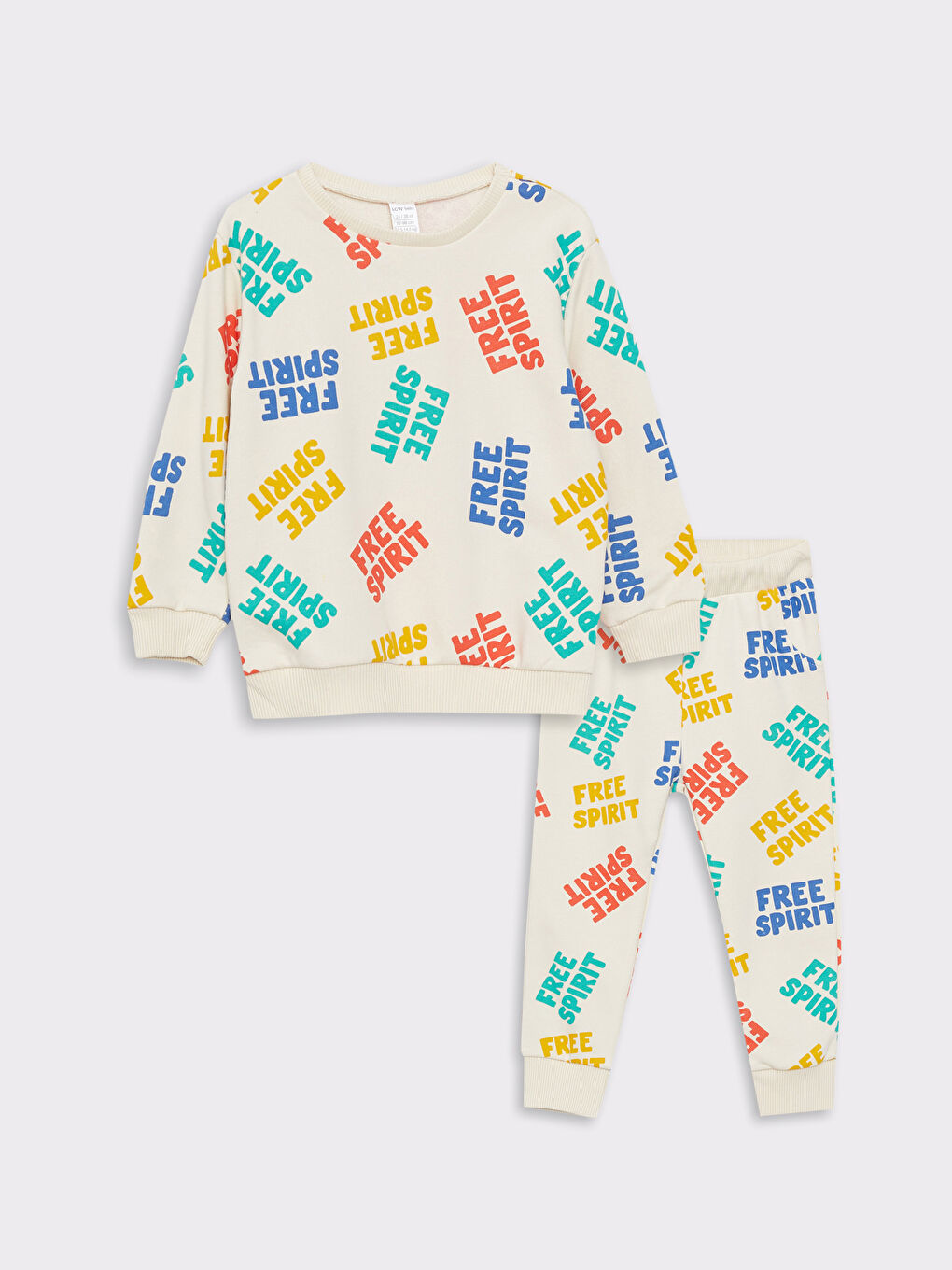 Ekru Bisiklet Yaka Uzun Kollu Baskılı Erkek Bebek Sweatshirt ve Pantolon 2'li Takım