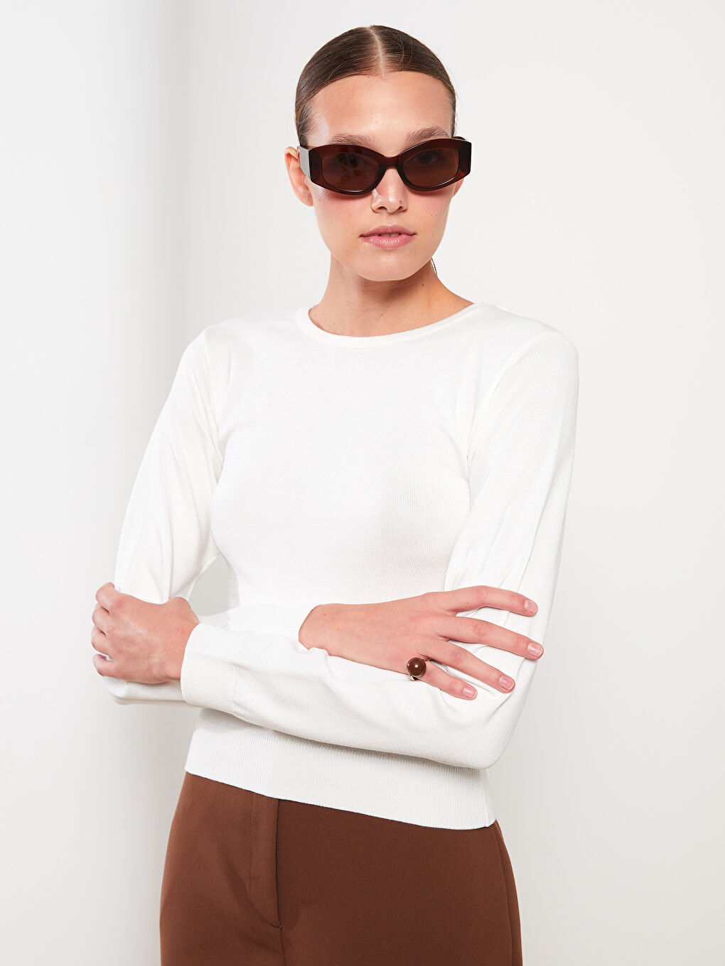 Ekru Bisiklet Yaka Düz Uzun Kollu Kadın Triko Kazak